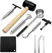 Coconut Opener Tool Set 13pc, Safe & Easy to Open Young Coconuts Tool, All in One Food Grade Stainless Steel Coco Nut Opener Kit, Rubber Mallet with Handle, Scraper, Straw & Silicone Mat 13Pc ﻿