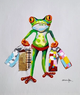 Frog on Shopping, 24x20, Hand painted on Giclee Canvas,