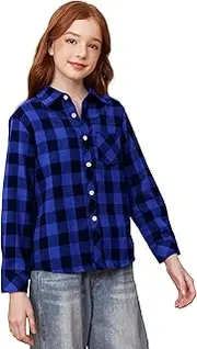 [SANGTREE] Girls'Plaid Flannel Shirt Button Up Cotton Shirts, A Blue Plaid, 8-9 Years