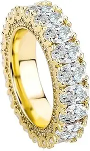 [UNAHKTHY] 14K Gold Oval Cut Moissanite Ring, Hip-Hop Style Densely Set Eternity Ring, Sparkling Tribute to Her Everlasting Love, Father's Day Gift