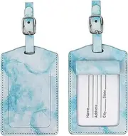 [rojarou] 2 Pieces Luggage Tags with Adjustable Strap and Name ID Card,Pu Leather Luggage Travel Bag Tags,Suitcase Labels Bag Tag,Baggage Labels Personalized for Women Men Kids Girls-BlueMarble…