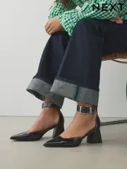 Black Standard Fit Forever Comfort® Point Toe Buckle Hardware Detail Block Heels (E85138) | $86