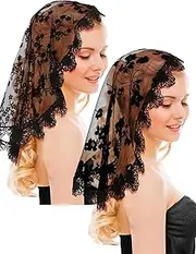 [Boao] 2 Pcs Catholic Veil for Church Floral Lace Embroidery Head Coverings Chapel Latin Mass Mantilla Christian Veil for Women