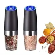 Electric Salt and Pepper Grinder with Blue LED Light, Gravity Electric Pepper and Salt Grinder Set, Adjustable Coarseness, Battery Powered, One Hand Automatic Operation, Stainless Steel Black, 2 Pack