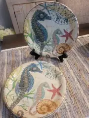 4) Pier 1 Spikey Seahorse Melamine 9" Plates Sealife Coastal Beach Ocean New