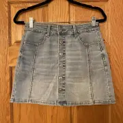 American Eagle Super Stretch Hi Rise A-Line Denim Mini Skirt Sz 4 Blue Button Up