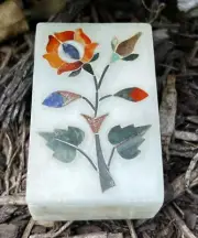 Vintage White Marble Trinket Jewelry Box Inlay With Pietra Dura Malachite Stones
