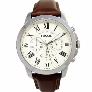 FOSSIL 手錶 FS4735羅馬時標 三眼計時 44mm 米白色錶面 棕色皮帶 男錶