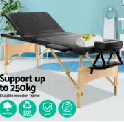 Portable 3 Fold Massage Table Chair Wooden Bed Foldable with Carry Bag BLACK