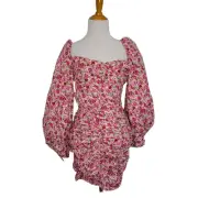 NEW Nasty Gal Vibrant Floral Balloon Sleeve Ruched Mini Dress Pink Women 4