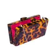 Australian Designed Leopard Cheetah Acrylic Clutch Purse w/ Gold Chain Strap NIB