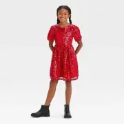 NEW Cat & Jack Girl's Puff Short-Sleeve Sequined Party Dress - XL (14) - Red