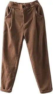 [Minibee] Women's Cropped Corduroy Pants Elastic Waist Retro Trouser with Pockets
