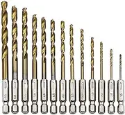 13Pcs Hex Shank Twist Drill bit Set 1.5-6.5 mm Titanium Coated HSS High Speed Steel Quick Change 1/4"hex bit Drill Set Drilling Tools for Daily Us for Wood, Steel Metal, Aluminum Alloy