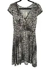 Francesca's Dress L Wrap Mini Faux Wrap Animal Print Jersey Casual V-Neck NEW