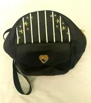 BETSEY JOHNSON SMALL BLACK BACKPACK WHITE STRIPES GOLD STARS NWT ZIP TURNLOCK