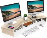 FITUEYES Dual Monitor Stand – 3 Shelf Computer Monitor Riser, Wood Desktop Stand