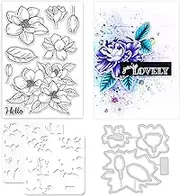 ORIGACH Realistic Magnolia Flower Stamps and Die and Layering Coloring Stencil Bundle for Card Making Album Arts Crafts Supplies