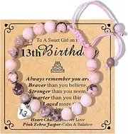 [Chuchoter] 8-16 Year Old Girl Birthday Gifts,Pink Zebra Natural Stone Sweet Heart Beaded Bracelets For Girls Daughter Granddaughter Niece Happy Birthday Gifts