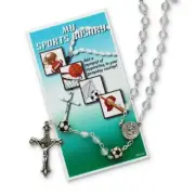 Girls White Cats Eye and Ceramic Soccer Beads Silver-tone Sports Rosary