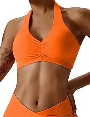 [Meladyan] Women’s Workout Pad Sports Bras Open Back Halter V Neck Ruched Bralettes Slim Fit Low Impact Bra Yoga Crop Tank Top