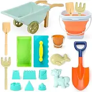 16 Pcs Collapsible Buckets and Spades with Cart Beach Sand Pit Toys for Kids, Beach Water Play Sandbox Toys Set with Mesh Bag Sand Molds Shovel for Boys Girls Travel Summer Outdoor