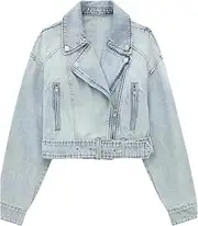 [Generic] Women's Casual Loose Retro Denim Jacket With Lapel And Casual Loose Waistband Splicing, Long Sleeved Short Denim Jacket