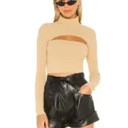 Superdown Camel Cut Out Sweater XS Keyhole Bodycon Ribbed Revolve Tasha $72 NEW