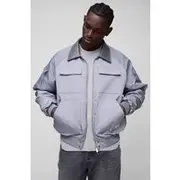 Mens Grey Oversized Man Tab High Shine Collared Bomber Jacket