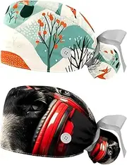 [YTYVAGT] 2-Pc,Nurse Scrub Caps,Scrub Hats with Buttons and Cotton Sweatband,Cartoon Forest Fox Rabbit