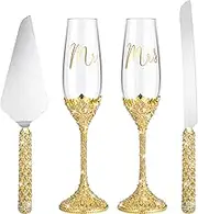 Sratte 4 Pcs Wedding Cake Knife and Champagne Flutes Server Set, Toasting Crystal Rhinestone Champagne Flutes Glasses Cake Knife Pie Server Wedding Gifts for Couple Bride Groom (Gold,Elegant)