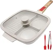 Bobikuke 3 Section Grill Pan for Stove Tops with Detachable Handle, Nonstick Versatile Griddle Pan with Lid, Square Skillet PFOA Free, White