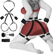 BDSM Sex Bondage Kit Restraint Sets Waist to Thighs Adult Sex Toys for Couple, Back Handcuffs Adjustable Harness Strap Addable Crossbeam with Blindfold & Tickler for Women Men Bed SM Games Play Toys