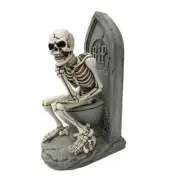 Hand Painted Stone & Bone Details Skeleton Toilet Thinker Pose Resin Figurine