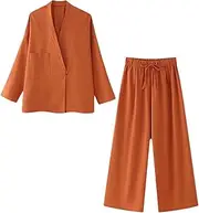 [Generic] Women Linen Suits Trend Solid Cardigan Blazer Top + Chic Wide Leg Long Pant