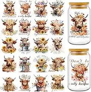 UV DTF Cup Wrap - 20 Sheets Highland Cow UV DTF Cup Wraps for 16 oz, Sunflower Uvdtf Decals, Waterproof Personalized Rub on Transfer Stickers for Glass, DIY Wood Crafts