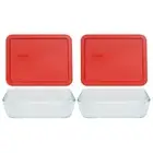 Pyrex 7211 6-Cup Glass Dish w/ 7211-PC 6-Cup Poppy Red Plastic Lid (2-Pack)