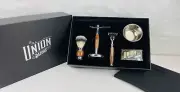 Union Razor Gift Set 5pc Tiger Eye Brush Razor Handle Steel Bowl Stand Cartridge