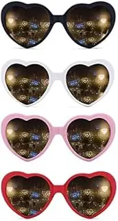 4Pcs Heart Effect Diffraction Glasses, 4 Colours Light Diffraction Glasses 3D Heart Sunglasses Special Heart Effects Glasses for Fancy Dress Party, Red,black,pink,white, M