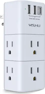 USB Multi Plug Outlet Extender Surge Protector with Rotating Plug, 6 AC
