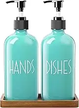 ALELION Turquoise Dish Soap Dispenser for Kitchen - 16 OZ Glass Hand Soap Dispenser Set with Pump and Acacia Wood Tray - Turquoise Kitchen Decor & Teal Kitchen Accessories