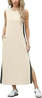 [GRECERELLE] 2025 Women Summer Color Blocking Round Neck Sleeveless Casual Wrinkle-Free Side Split Maxi Dress with Pockets