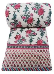 Wood block printed, cotton, twin sized quilt: 70 x 108 - Poppy - 100% cotton, re