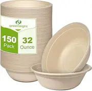 [greensight] 32oz Heavy Duty Compostable Bowls, 150 Pack Disposable Paper Bowls, Eco-Friendly Biodegradable Bowls Made Of Sugarcane, Soak Proof And Microwave Safe For Hot Or Cold Use