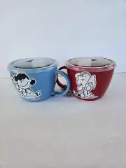 PEANUTS LINUS & LUCY Large Soup Mugs / Bowl Vented Lid 24oz Lot Of 2