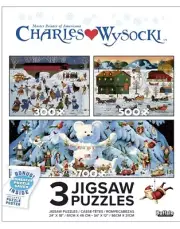 Set Buffalo Games Charles Wysocki Holiday 3 Interlocking Jigsaw Puzzles W/ Saver