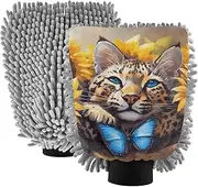 XYMZR Absorbent Microfiber Car Wash Mitt Leopard Cat Sunflower, Funny Cute Anime Scratch Free for Cars Cleaning, Home Cleaning Mitts, 2 Pack, 10.24” L x 7.09” W