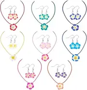 [SUNNYCLUE] 16pcs 8 Colors Flower Earrings and Necklace Set Plumeria Jewelry Set Polymer Clay Summer Hawaiian Sun Floral Dangle Earrings Necklaces Jewelry for Women Boho Trendy Wedding Party Favors