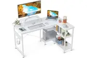 L Shaped Computer Desk with Reversible Storage Shelves and Monitor Stand for Small Spaces