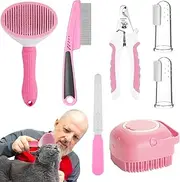 Cat Grooming Kit | Dog Bath Brush with Nail Clipper and File | 2 Pet Finger Toothbrushes, Flea Comb for Cat and Bunny